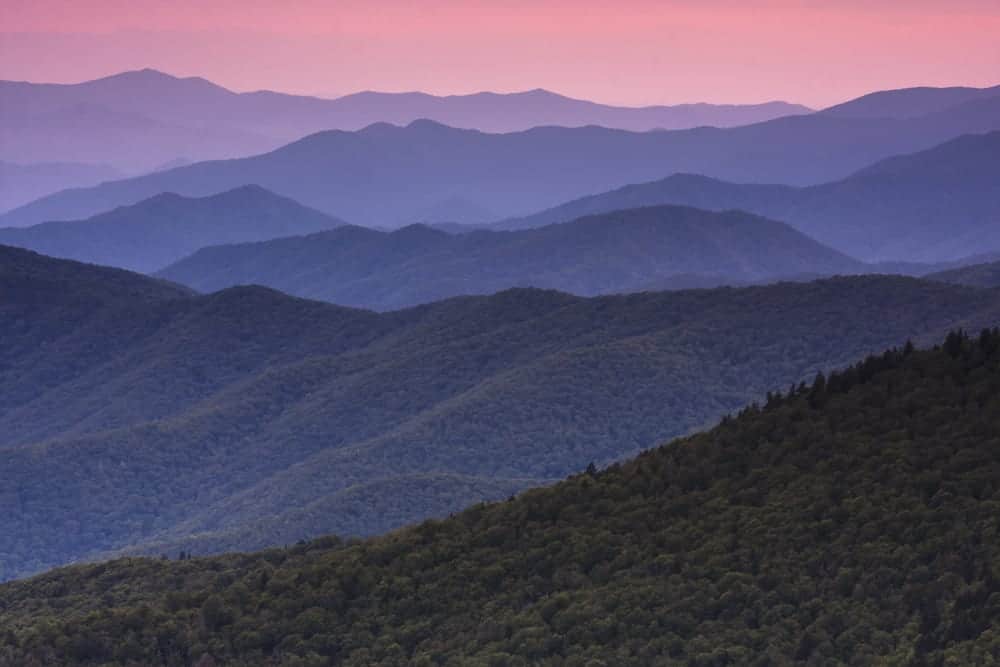 Beautiful photo of pink and purple sunset in Smoky Mountains