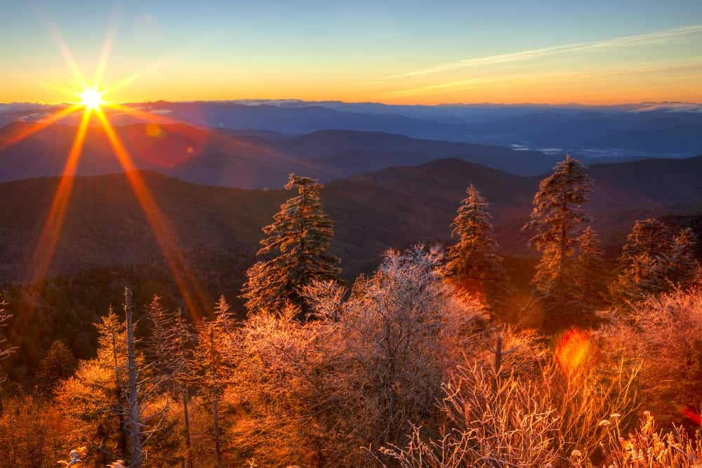 unrise over frost covered smoky mountains